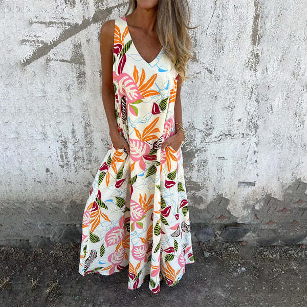 Damen luftiges Maxikleid mit floralem Muster und praktischen Taschen Drune