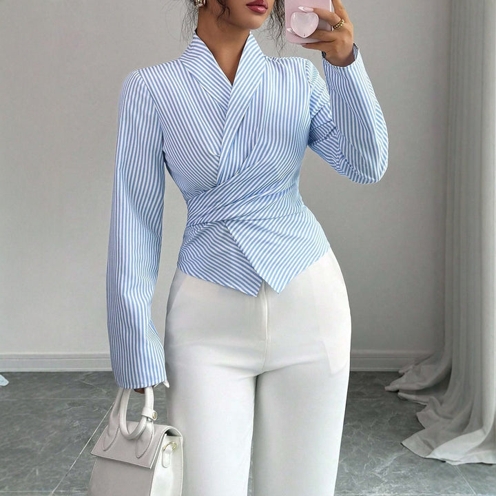 Damen Gestreifte Wickelbluse mit Schalkragen und taillierter Silhouette Drune