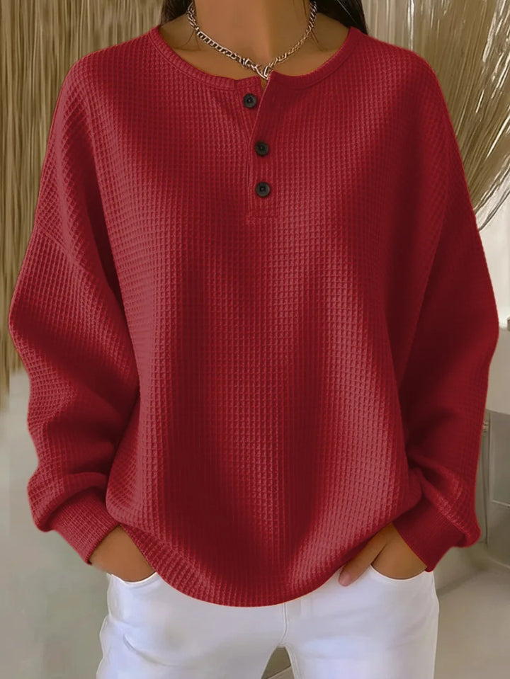 Damen nan Oversized Waffelstrick Henley-Pullover mit Knopfleiste und abgerundetem Saum Drune