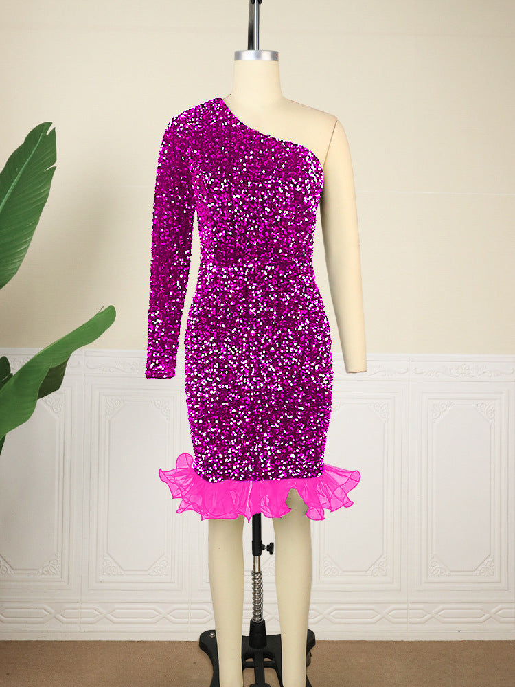 Damen Glitzerndes Abendkleid mit asymmetrischem Schnitt und Rüschenabschluss Drune