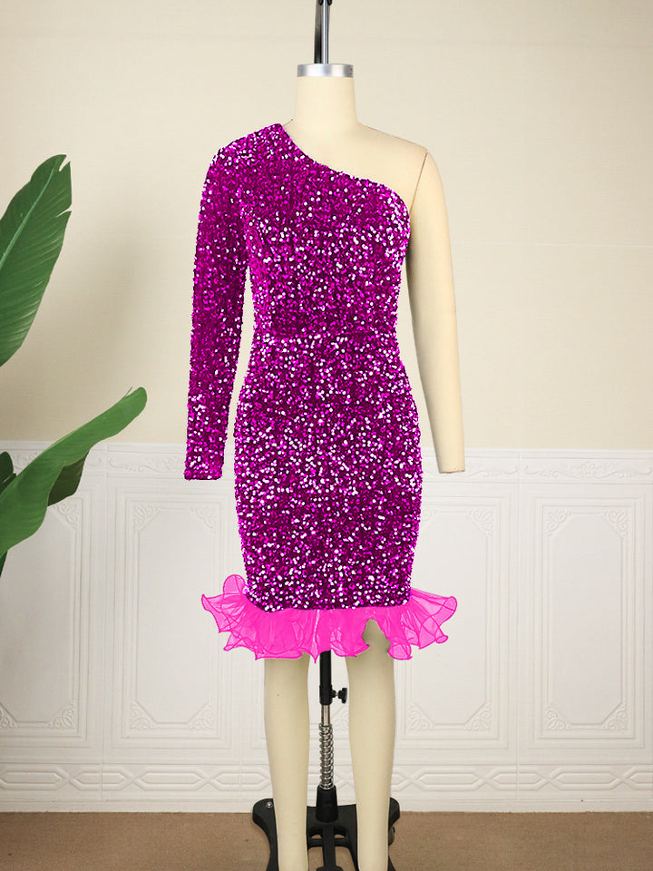 Damen Glitzerndes Abendkleid mit asymmetrischem Schnitt und Rüschenabschluss Drune