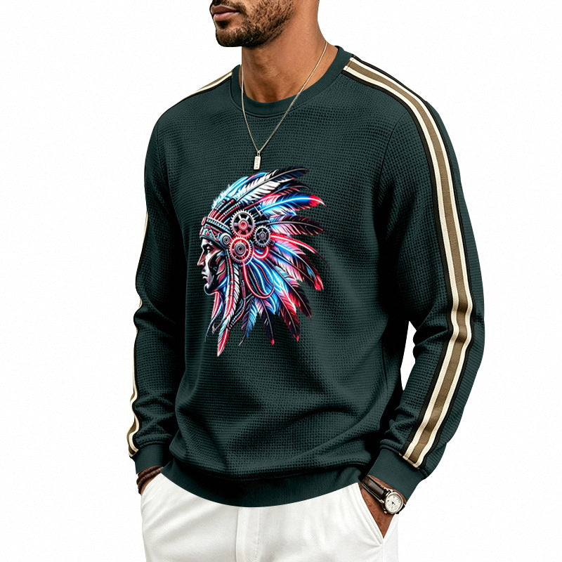 Herren Sweatshirt mit Federkopfschmuck-Print, Waffelstruktur und kontrastierenden Schulterstreifen Drune