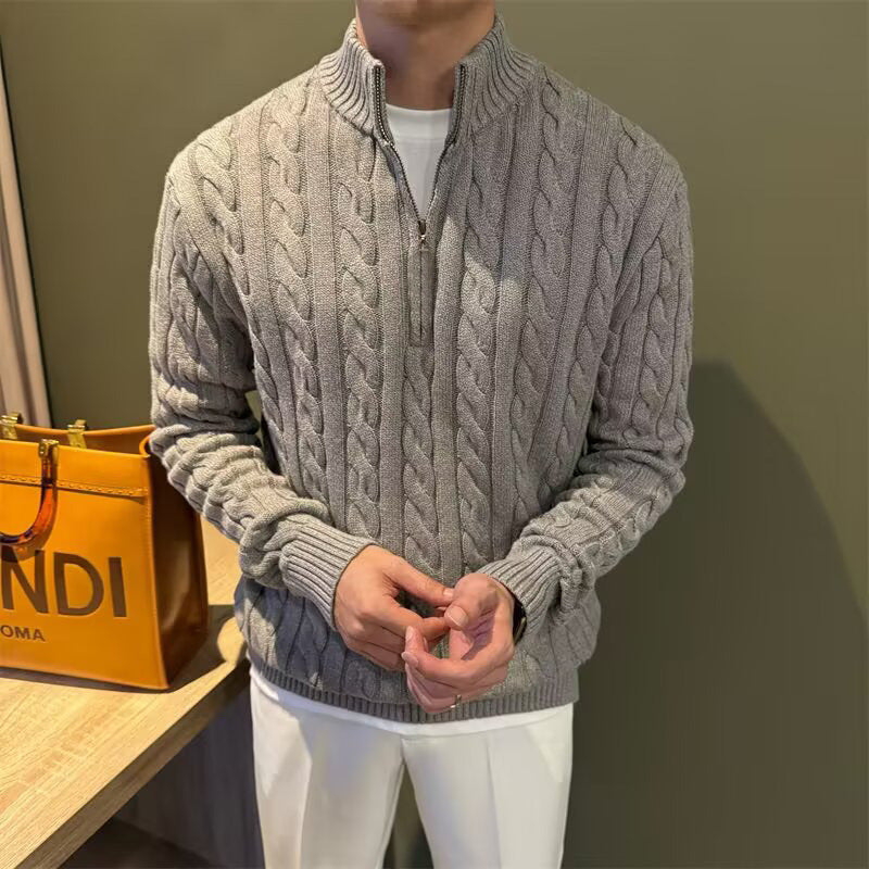 Herren Zopfstrick-Halbzip-Pullover mit Stehkragen Drune