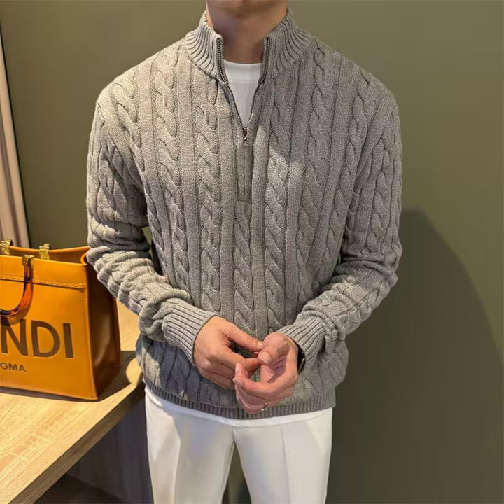Herren Zopfstrick-Halbzip-Pullover mit Stehkragen Drune