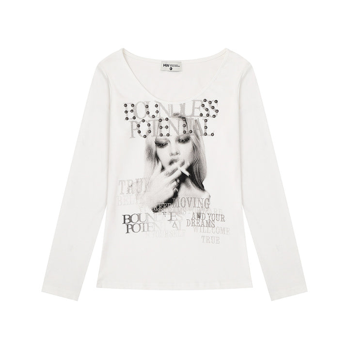Damen Longsleeve-Shirt mit Fotoprint und Nietenapplikation Drune