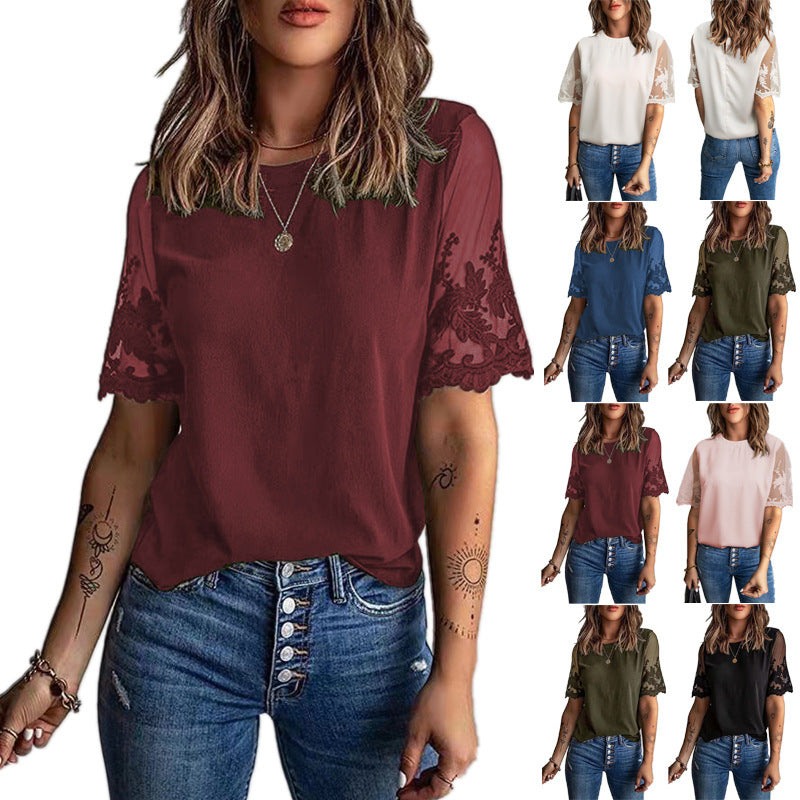 Damen Elegantes T-Shirt mit modischen Spitzenärmeln Drune