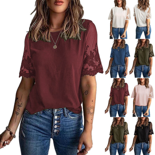 Damen Elegantes T-Shirt mit modischen Spitzenärmeln Drune