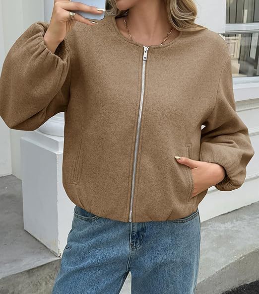 Damen Kurzjacke mit durchgehendem Reißverschluss, Ballonärmeln und elastischem Saum Drune