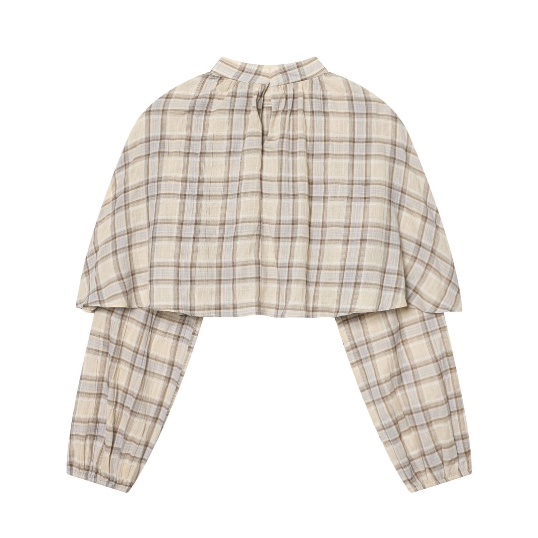 Damen Karierte Bluse mit Stehkragen, gerafftem Yoke und voluminösen Raglanärmeln Drune