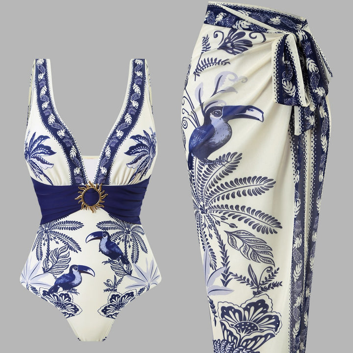 Damen Einteiliger Badeanzug mit floralem Design und elegantem Wickelrock Drune