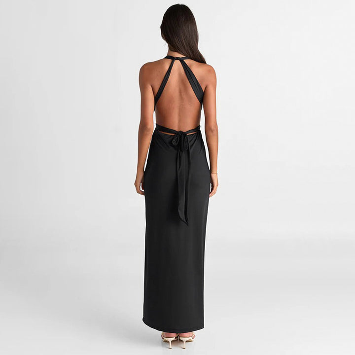 Damen Elegantes Maxikleid mit tiefem V-Ausschnitt und dekorativen Trägern Drune