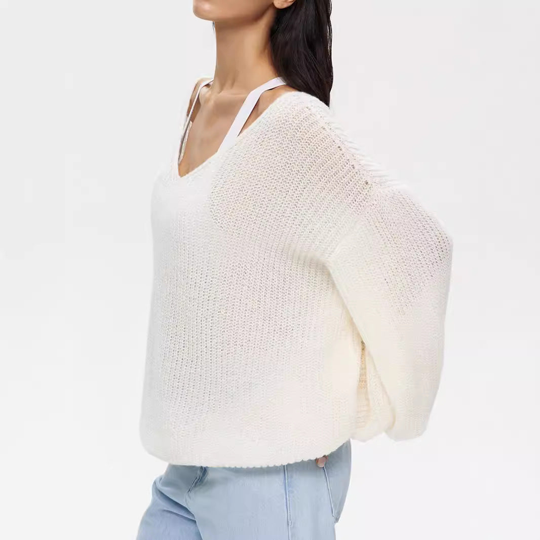 Damen lässiger Strickpullover mit tiefem V-Ausschnitt und voluminösen Ärmeln Drune