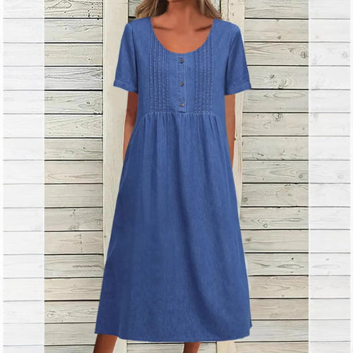 Damen nan locker sitzendes Midikleid im Denim-Look mit Rundhalsausschnitt, Brustbiesen und seitlichen Eingrifftaschen Drune