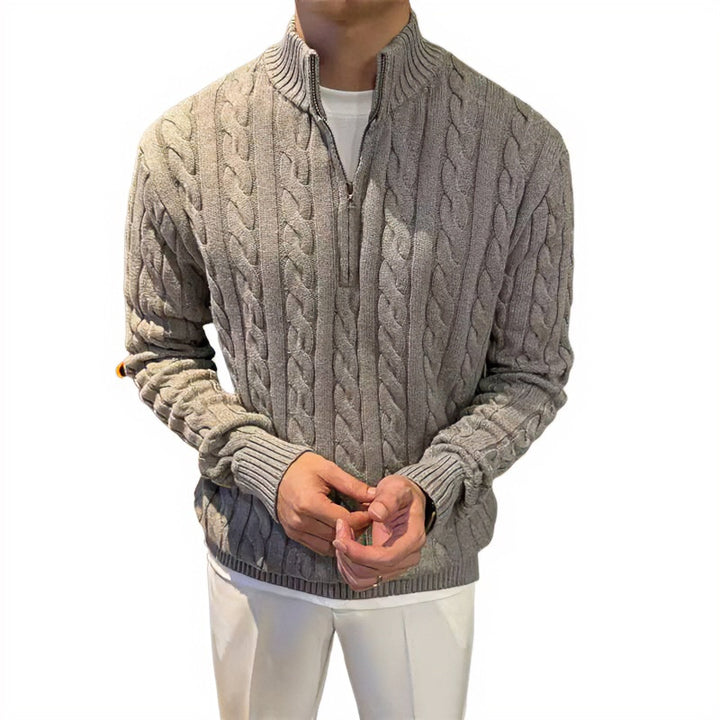 Herren Zopfstrick-Halbzip-Pullover mit Stehkragen Drune