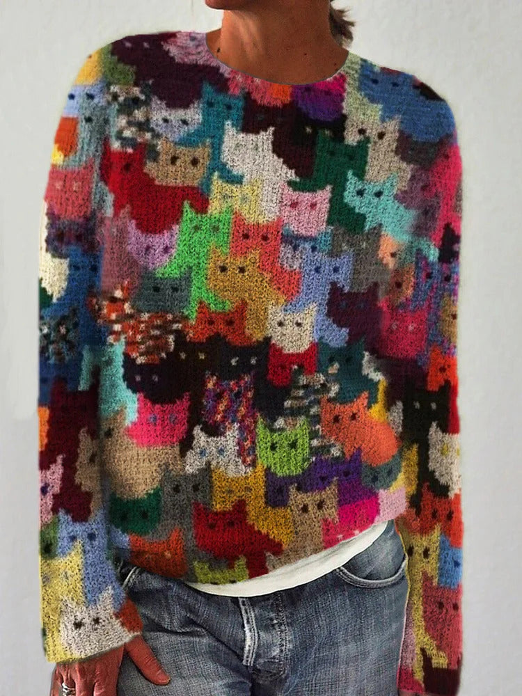Damen Strickpullover mit verspieltem Katzenmuster Drune