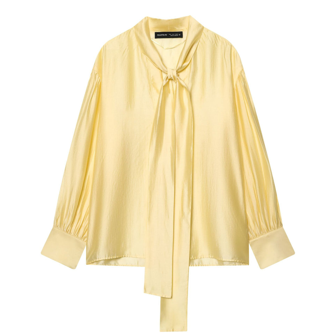 Damen nan gepunktete Bindeschal-Bluse mit V-Ausschnitt, Knotenband und legerem Fall Drune