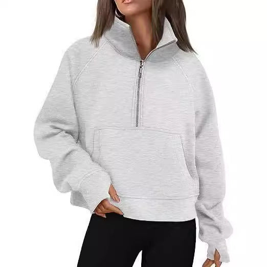 Damen nan oversized Halbzip Pullover mit Kängurutasche, Daumenlöchern und hohem Kragen Drune