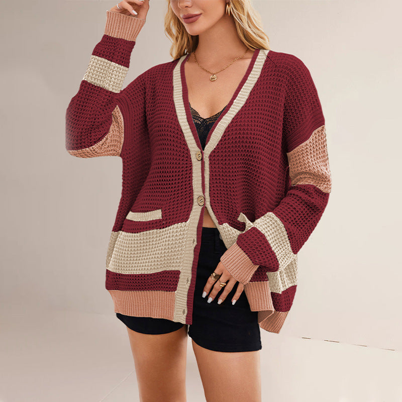 Damen lässige Strickjacke mit tiefem V-Ausschnitt und Taschen Drune