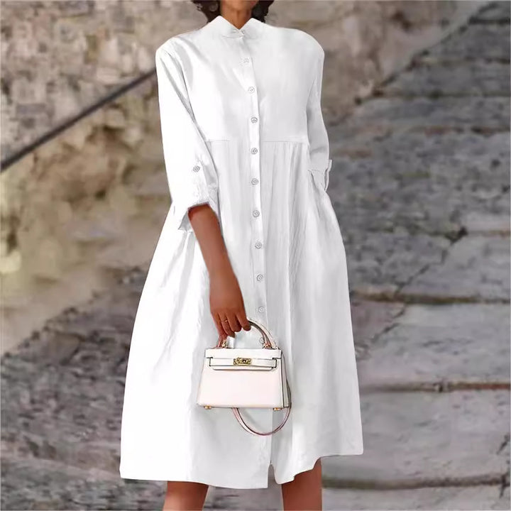 Damen Oversize Midi Kleid im Leinen-Look mit Stehkragen, Knopfleiste und Seiten Taschen Drune