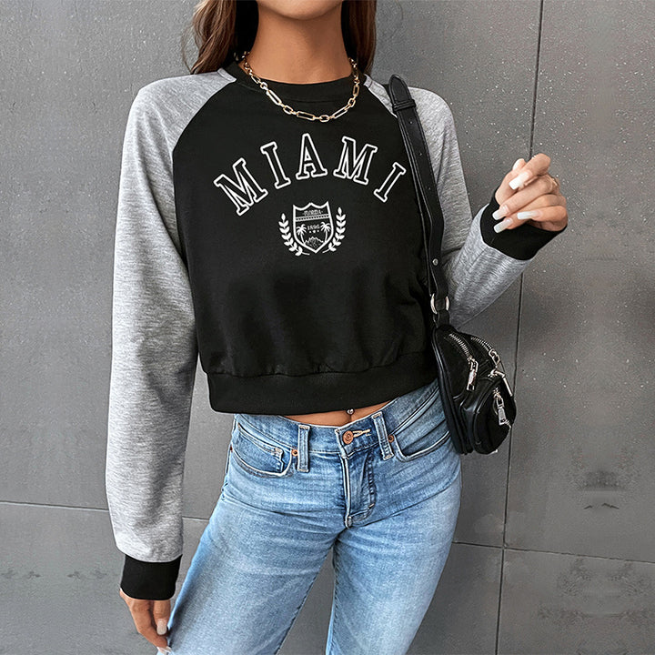 Damen Kurzgeschnittenes College-Cropped-Sweatshirt mit Raglanärmeln und elastischem Saum Drune