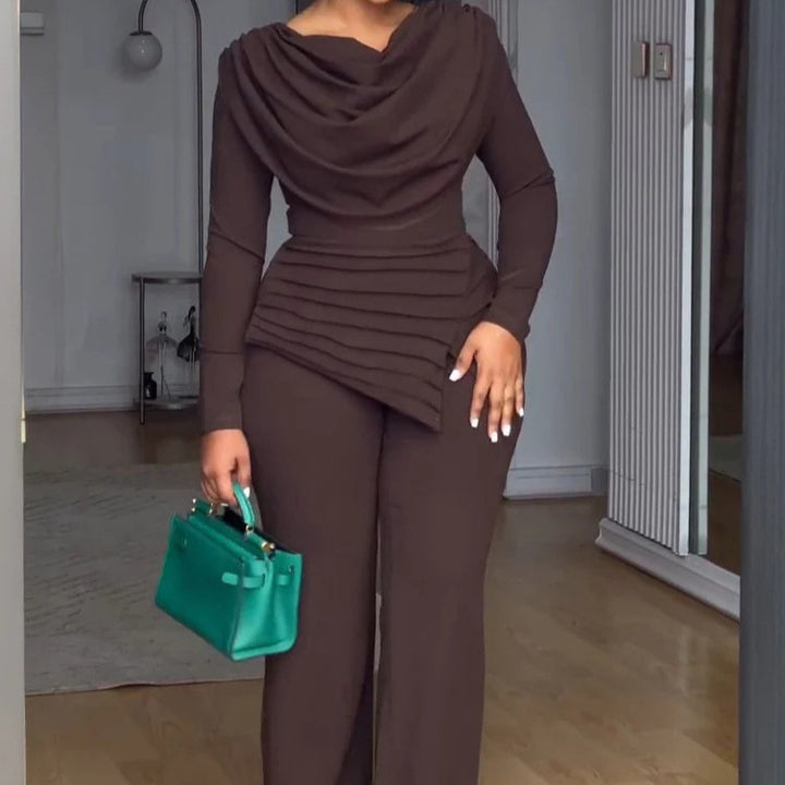 Damen Zweiteiliges Ensemble mit Wasserfall-Drapé-Oberteil, abgestuftem Peplum und gerader Bundfalten-Hose Drune
