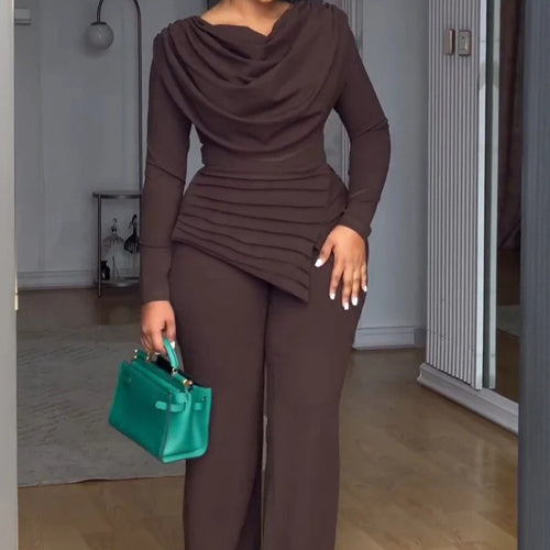 Damen Zweiteiliges Ensemble mit Wasserfall-Drapé-Oberteil, abgestuftem Peplum und gerader Bundfalten-Hose Drune