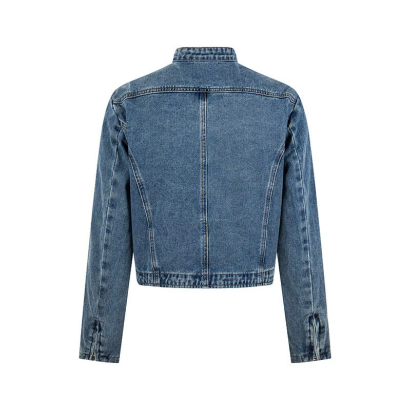 Damen Kurz geschnittene taillierte Jeansjacke mit Stehkragen und verdecktem Reißverschluss Drune