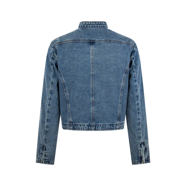 Damen Kurz geschnittene taillierte Jeansjacke mit Stehkragen und verdecktem Reißverschluss Drune