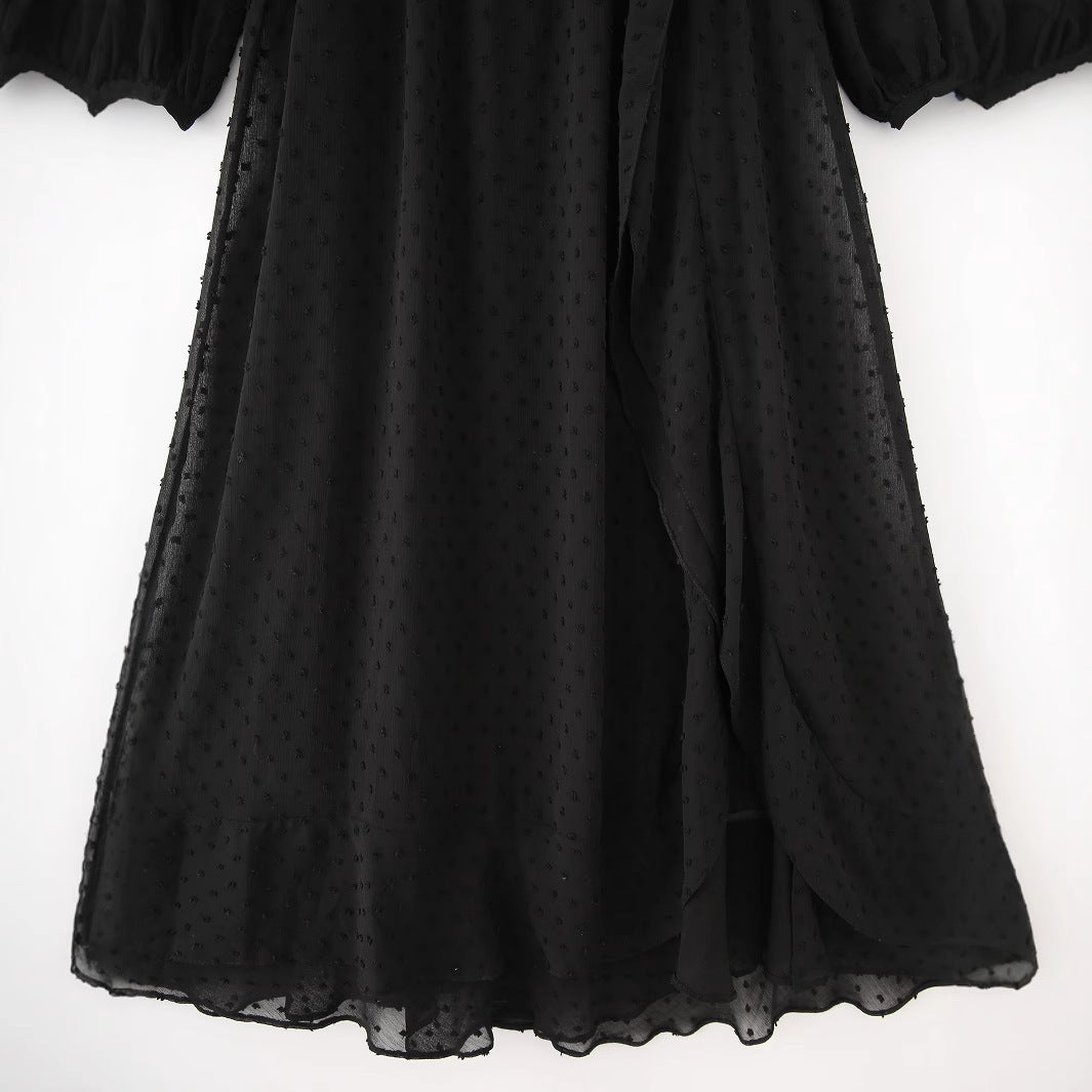 Damen nan luftiges Chiffon Midikleid mit V-Ausschnitt und Volantbund Drune