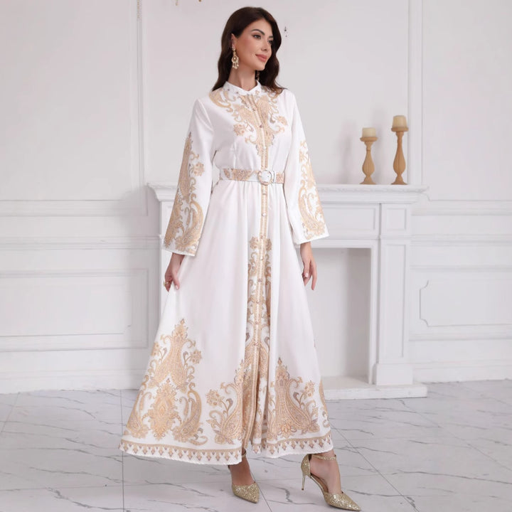 Damen Besticktes Maxikleid mit Stehkragen, Taillengürtel und Orientalischem Paisley-Motiv Drune