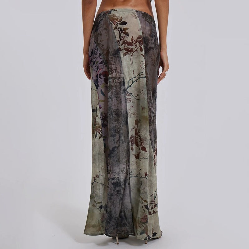 Damen Langer Maxirock mit diagonalen Patchwork-Prints und schlanker A-Linie Drune