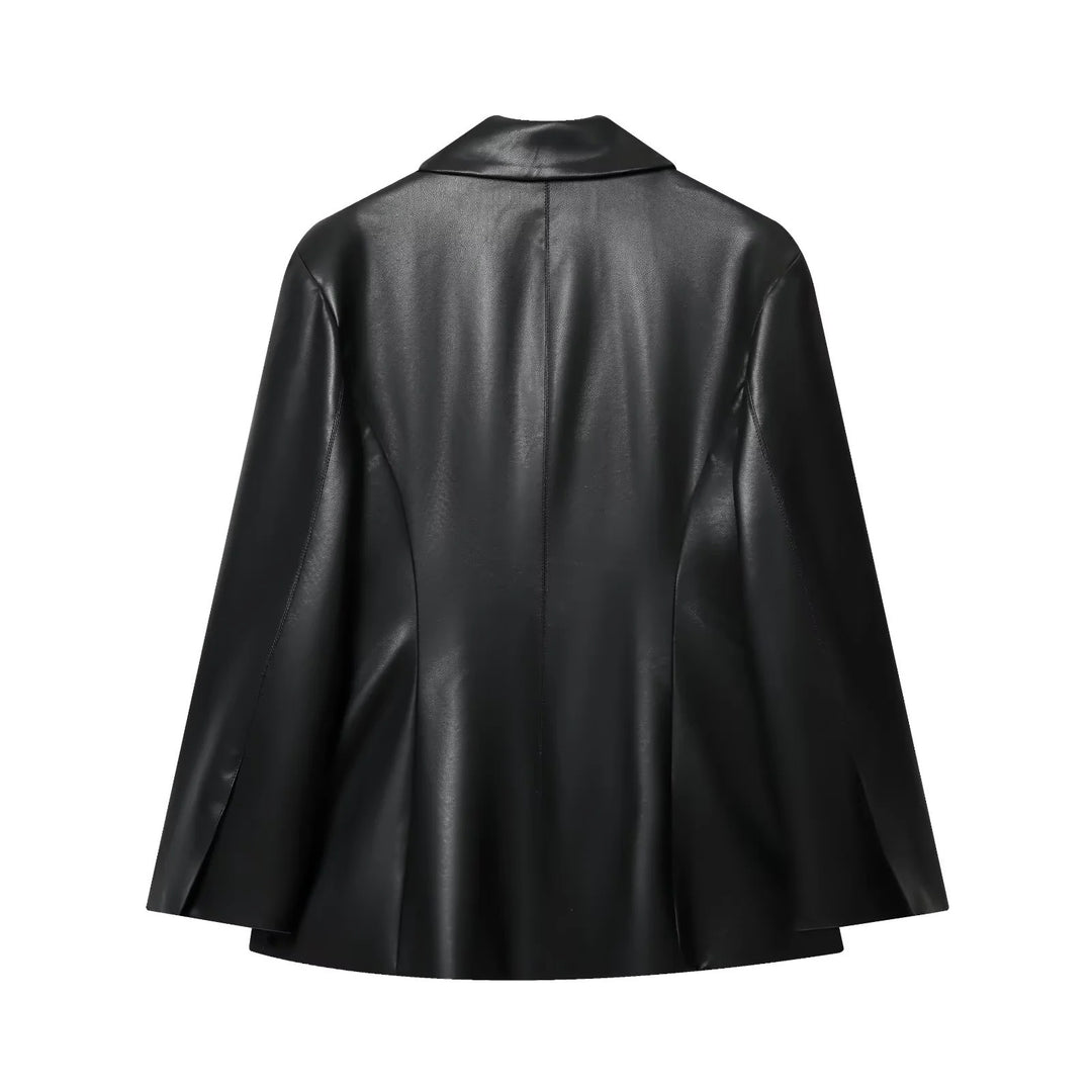 Damen nan luxuriöser veganer Blazer im Lederlook mit schmaler Silhouette, Schalkragen und Pattentaschen Drune