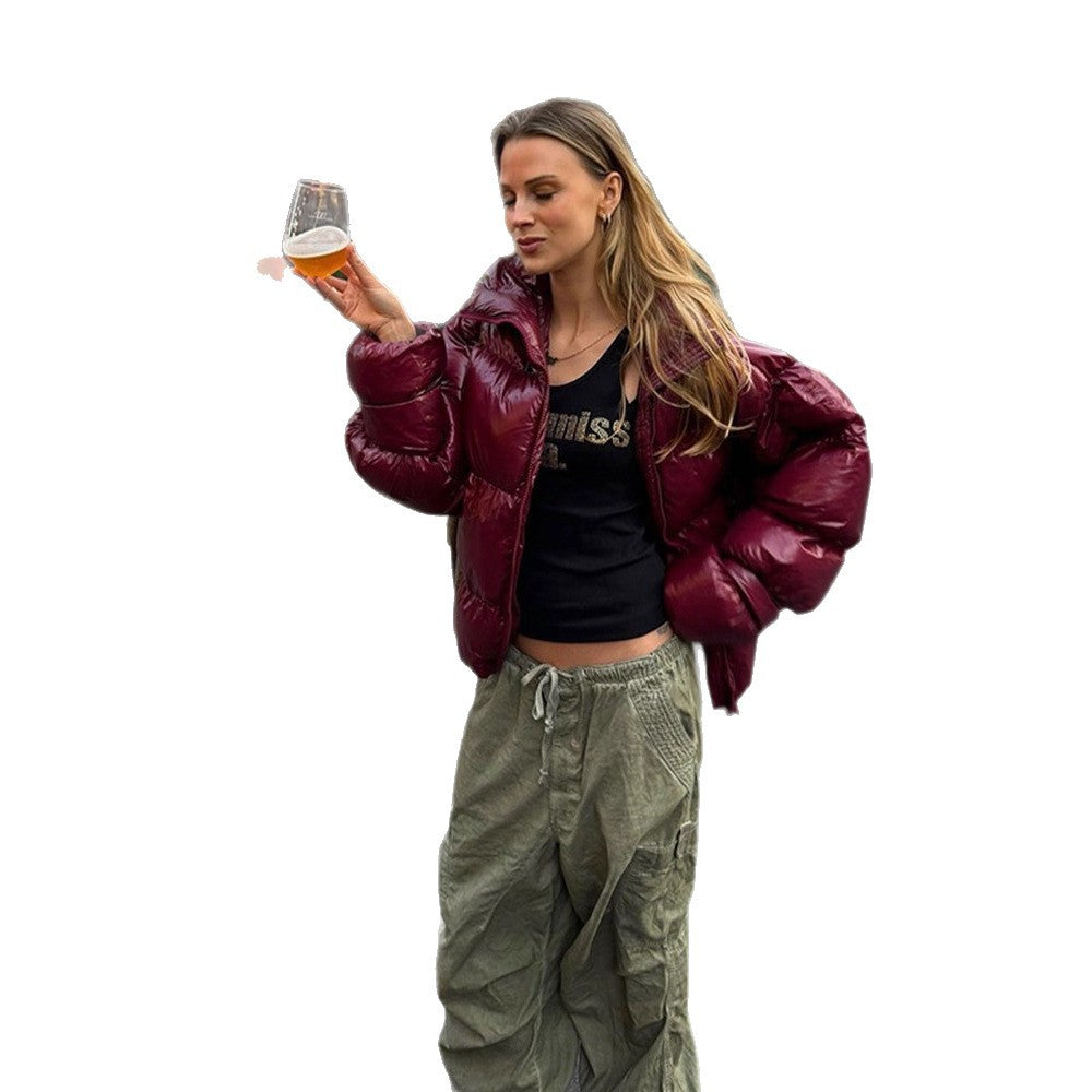 Damen Glänzende Oversize-Steppjacke mit Kapuze und hohem Stehkragen Drune