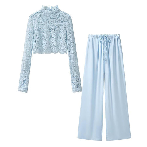 Damen Cropped-Spitzenoberteil mit Stehkragen und langen Ärmeln Drune