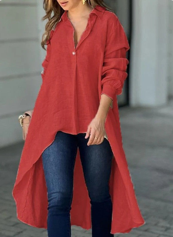 Damen Leichte Leinen‑Tunika‑Bluse mit asymmetrischem High‑Low‑Schwanz und Hemdkragen Drune