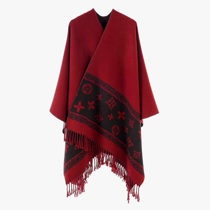 Damen Fransen-Capeponcho im Jacquard-Wollmix mit asymmetrischem Zipfelsaum Drune