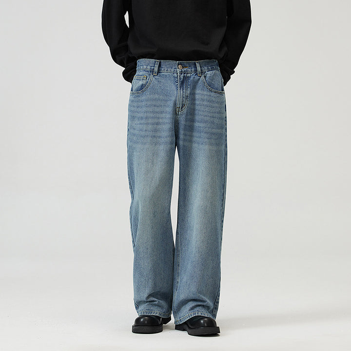 Herren Weite Relaxed-Jeans mit hohem Bund Used-Waschung und geradem Bein Drune