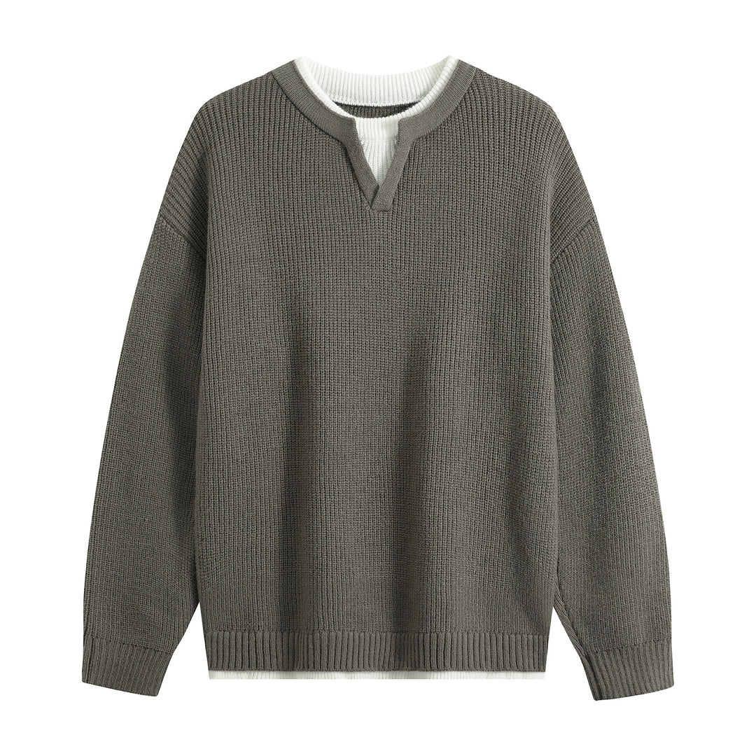 Herren Oversize-Strukturstrick-Pullover mit V‑Einsatz am Rundhals Drune
