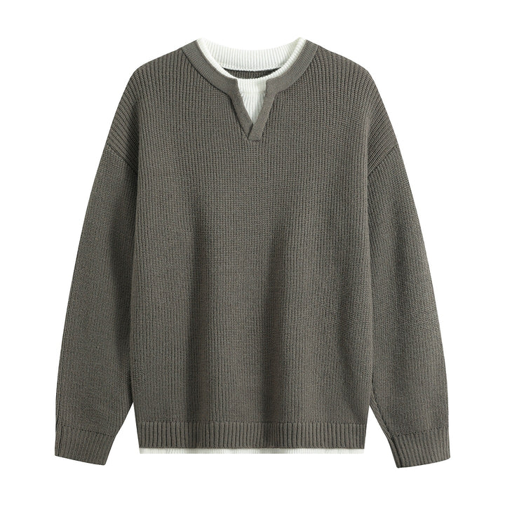 Herren Oversize-Strukturstrick-Pullover mit V‑Einsatz am Rundhals Drune