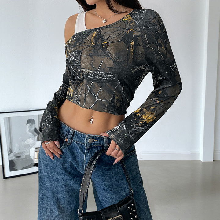 Damen Schulterfreies Langarmshirt mit Camouflage-Waldprint Drune