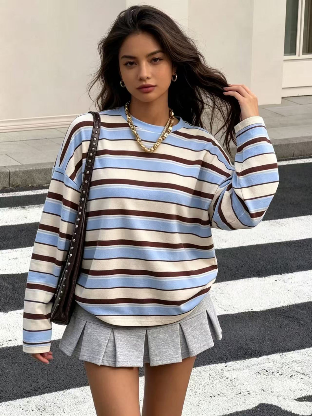 Damen gestreiftes Langarmshirt mit lässigem Schnitt und rundem Halsausschnitt