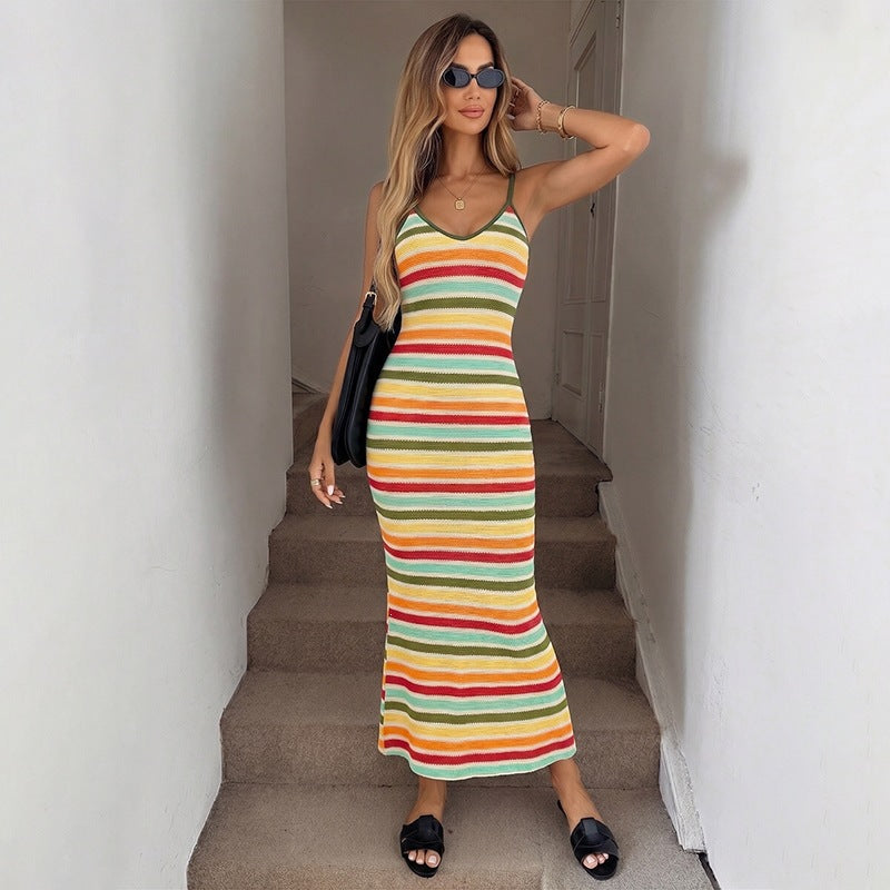 Damen Strick-Kleid im lässigen Streifenmuster mit schmalen Spaghetti-Trägern Drune