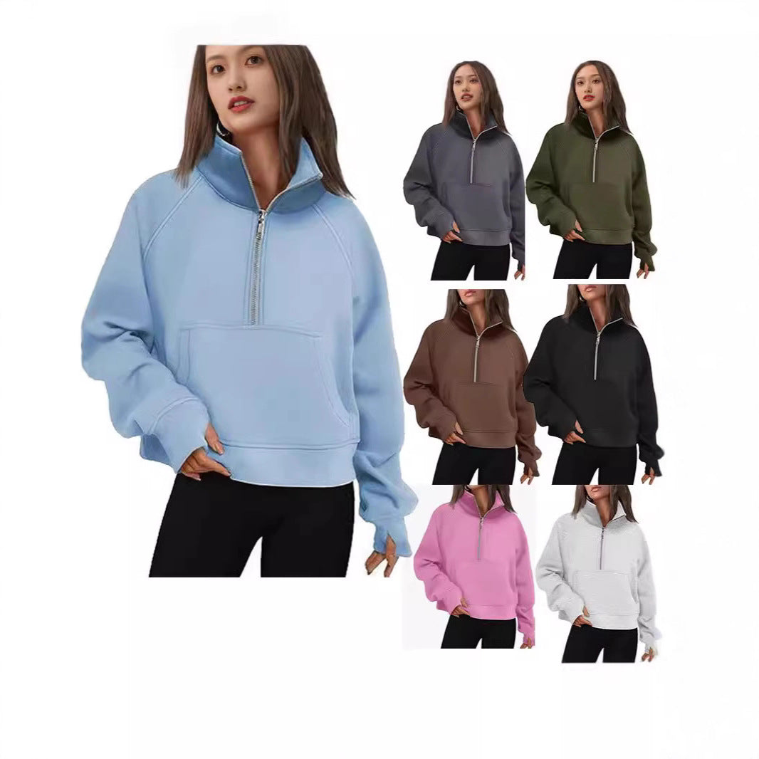 Damen nan oversized Halbzip Pullover mit Kängurutasche, Daumenlöchern und hohem Kragen Drune