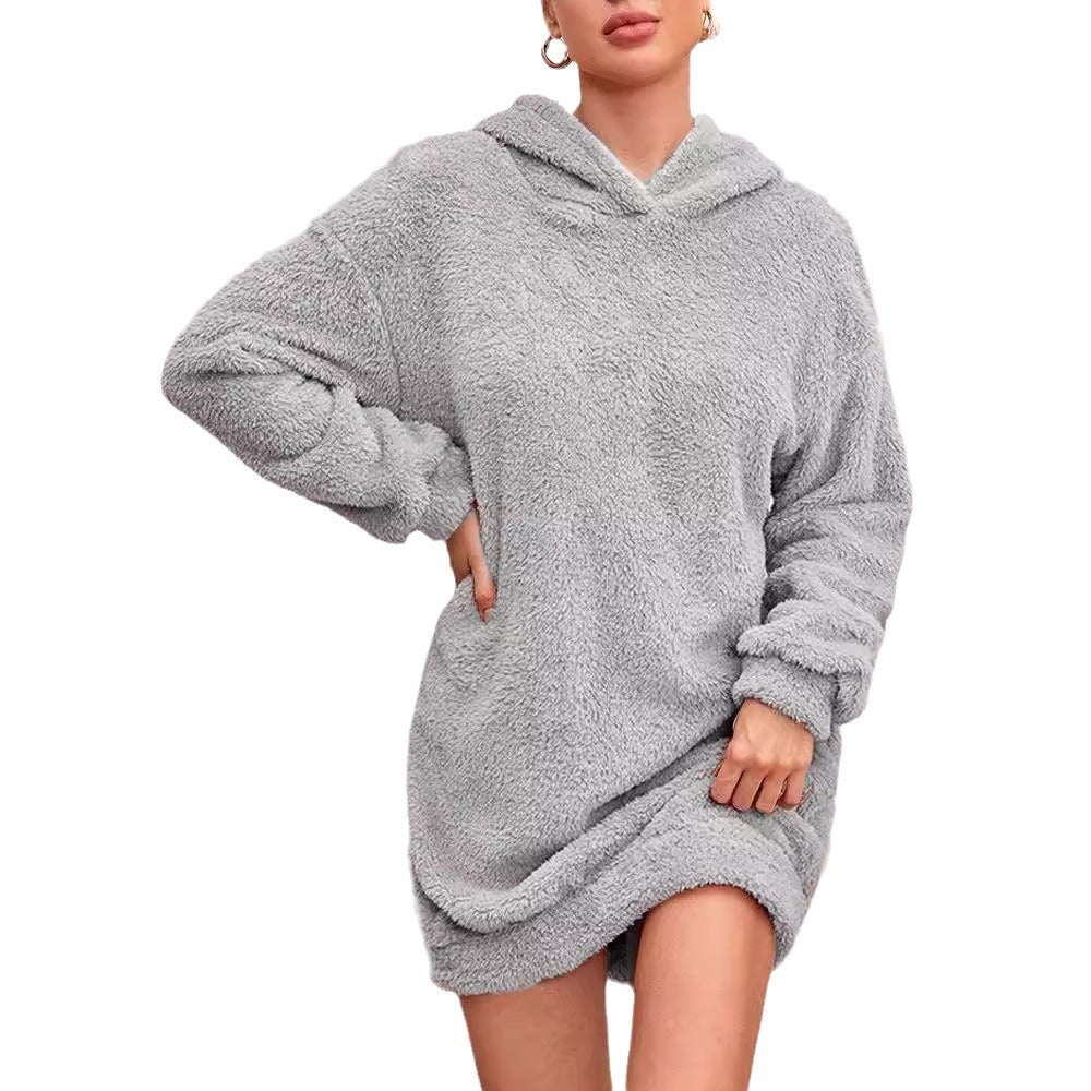 Damen Flauschiger Hoodie-Kleid mit Kapuze und praktischen Taschen Drune