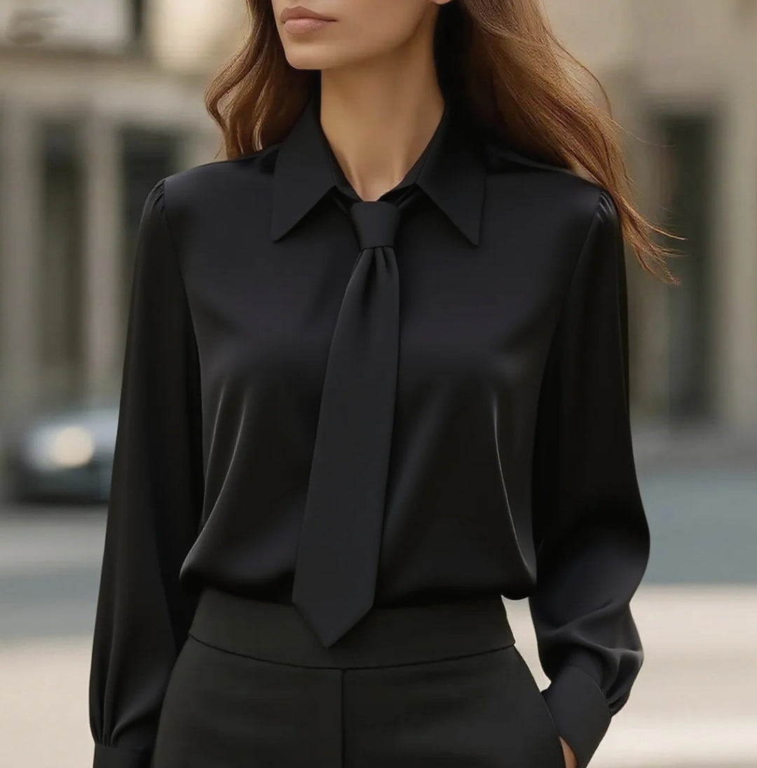 Damen Seidige Business Bluse mit Hemdkragen und integrierter Schleife Drune