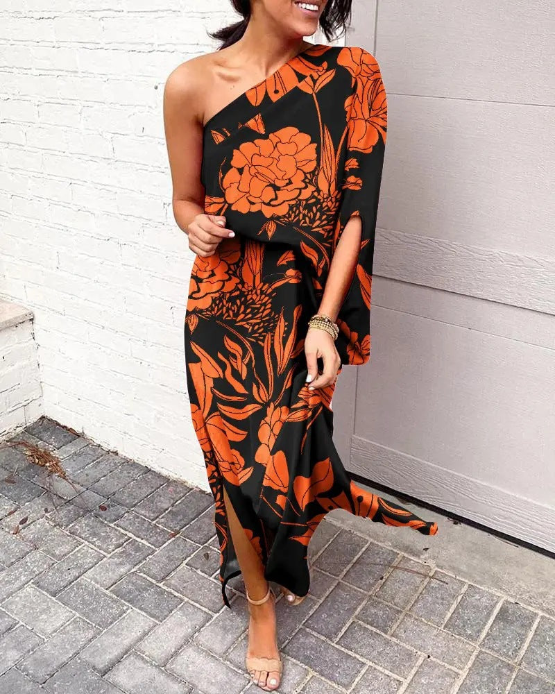 Damen Elegantes Maxikleid mit einem Schulterdesign und floralen Mustern Drune