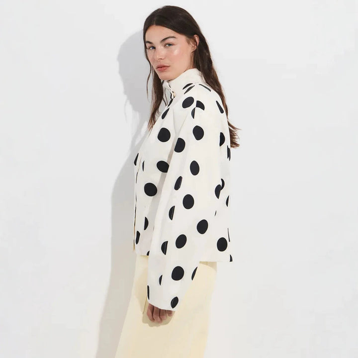 Damen Gepunktete Stehkragen-Bluse mit Oversize-Ärmeln und kastiger Cropped-Silhouette Drune
