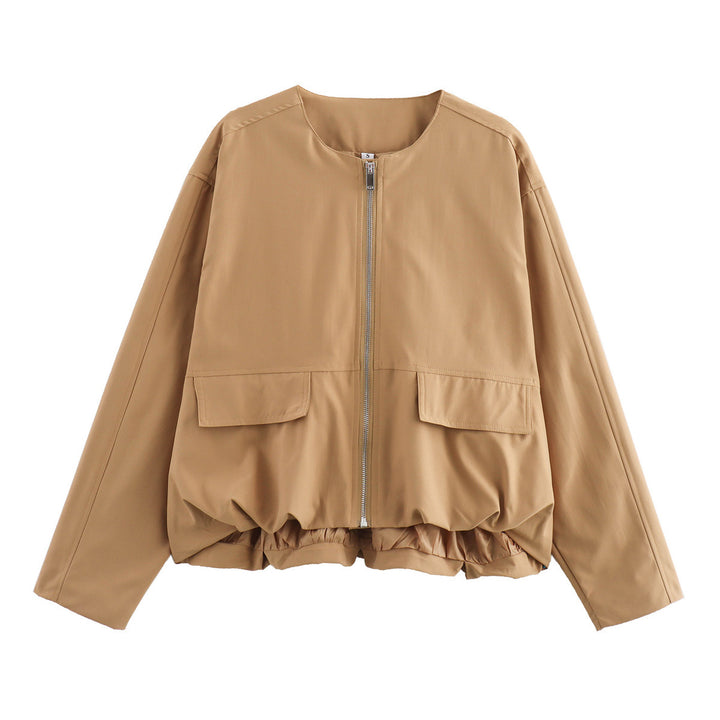 Damen modische Übergangsjacke mit großen Taschen und elastischem Bund Drune