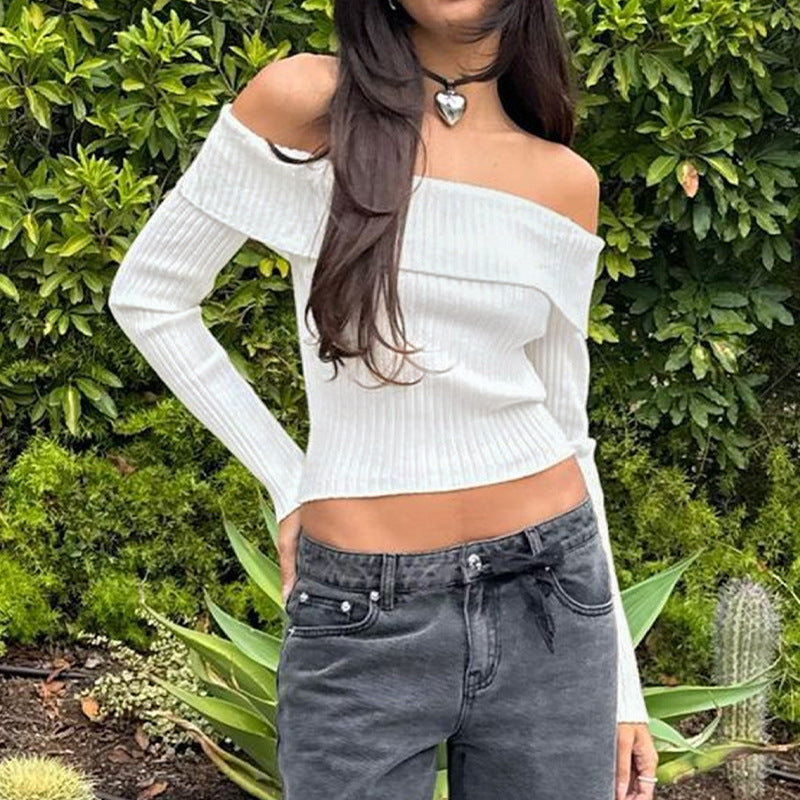 Damen Schulterfreies Rippstrick-Cropped-Top mit taillierter Passform und langen Ärmeln Drune