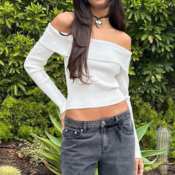 Damen Schulterfreies Rippstrick-Cropped-Top mit taillierter Passform und langen Ärmeln Drune